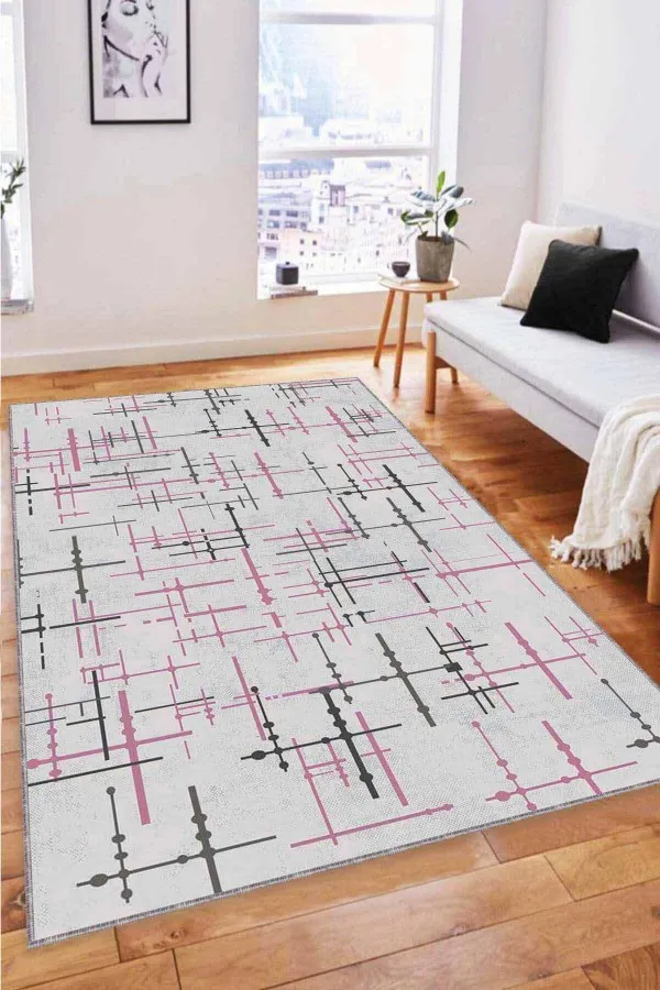Pudra Rengi Koltuğa Uygun Halı Pembe Vintage Kaymaz Tabanlı Makinede Yıkanabilir Halı MN09