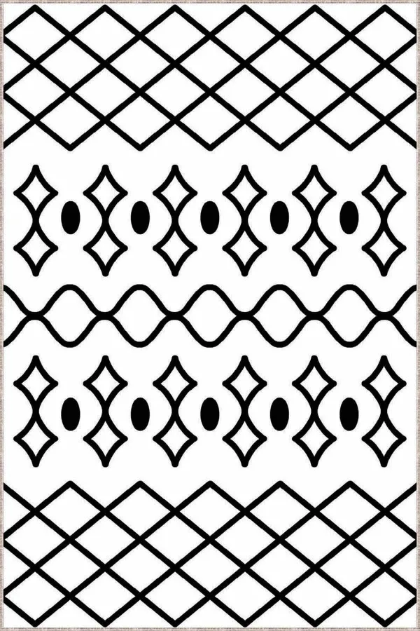 Siyah Beyaz Etnik Desenli Kaymaz Taban Dekoratif Halı MRC02