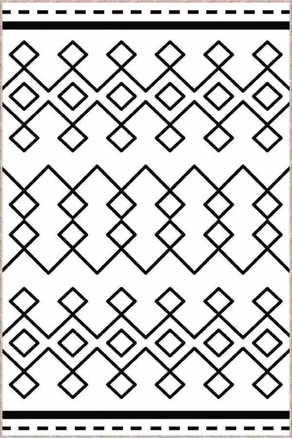 Koyu Renk Zemine Halı Beyaz Siyah Etnik Desenli Kaymaz Taban Dekoratif Halı MRC03