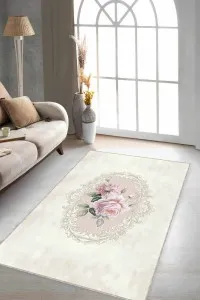 Bej Çiçekli Kaymaz Tabanlı Makinede Yıkanabilir Halı MX01 Bej Çiçekli Kaymaz Tabanlı Makinede Yıkanabilir Halı MX01