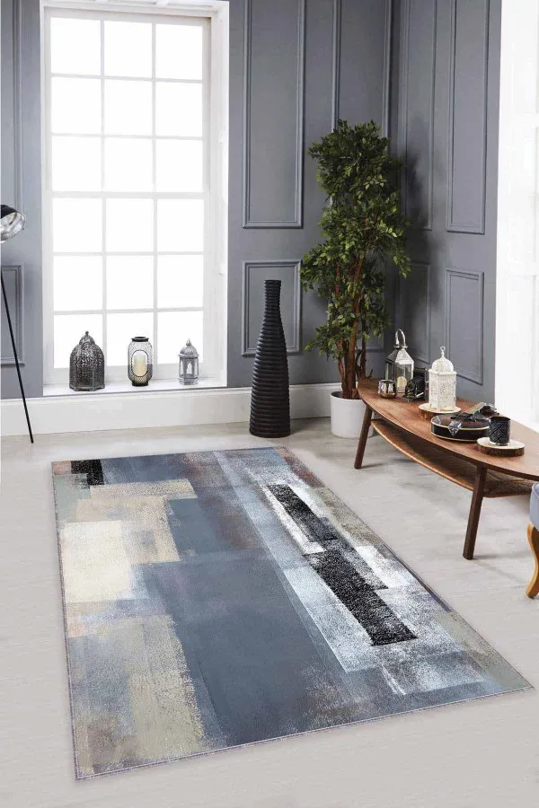 Gri Zemine Uygun Halı Gri Kaymaz Taban Makinede Yıkanabilir Salon Modern Halı MX06