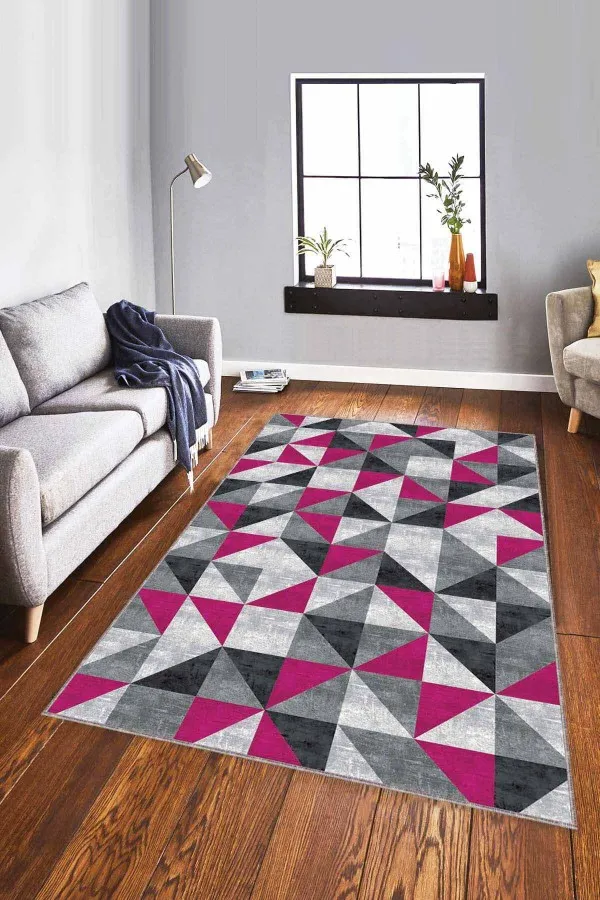 Fuşya Geometrik Kaymaz Taban Makinede Yıkanabilir Halı PR02