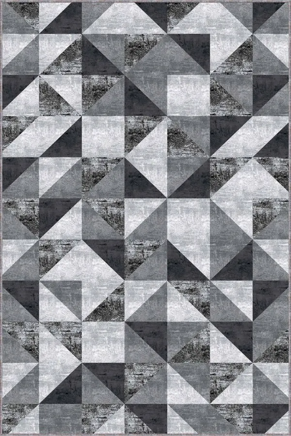 Gri Zemine Uygun Halı Gri Geometrik Kaymaz Tabanlı Makinede Yıkanabilir Halı PR03