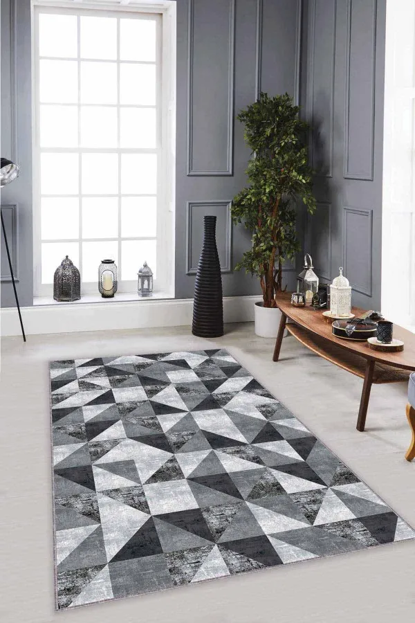 Gri Zemine Uygun Halı Gri Geometrik Kaymaz Tabanlı Makinede Yıkanabilir Halı PR03