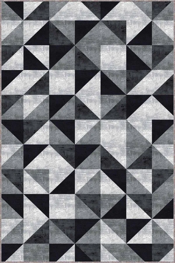 Siyah Geometrik Kaymaz Taban Makinede Yıkanabilir Halı PR04