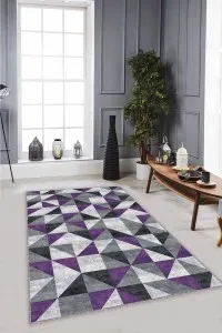 Mor Geometrik Kaymaz Tabanlı Makinede Yıkanabilir Halı PR05 Mor Geometrik Kaymaz Tabanlı Makinede Yıkanabilir Halı PR05