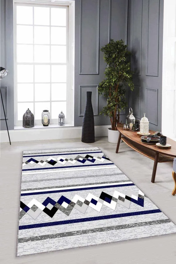 Lacivert Beyaz Halı Lacivert Zigzag Kaymaz Taban Makinede Yıkanabilir Halı RT08