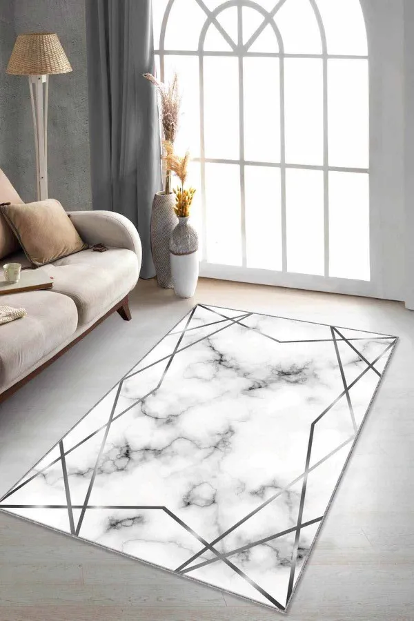 Halı Açık Renk Silver Prizma Kaymaz Tabanlı Makinede Yıkanabilir Halı RV015