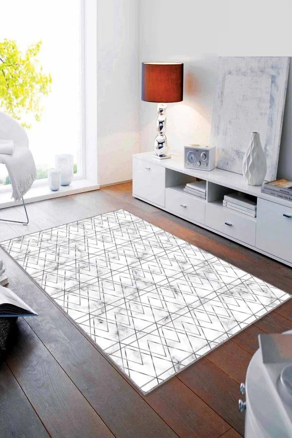 Mermer Desenli Salon Halısı Silver Mermer Görünümlü Kaymaz Tabanlı Dekoratif Halı RV023