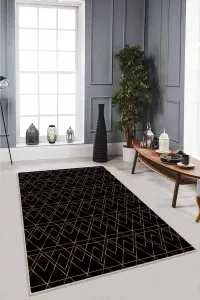 Siyah Mermer Görünümlü Kaymaz Tabanlı Dekoratif Halı RV024