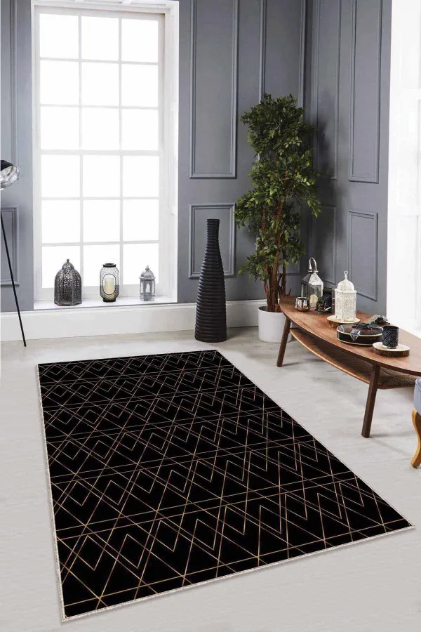 Mermer Desenli Salon Halısı Siyah Mermer Görünümlü Kaymaz Tabanlı Dekoratif Halı RV024