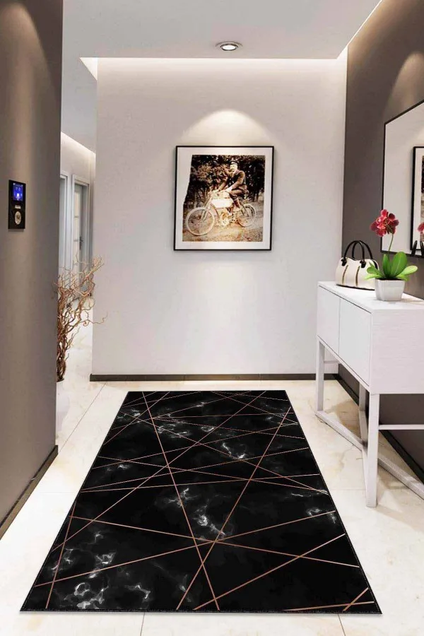 Mermer Desenli Salon Halısı Siyah Mermer Görünümlü Kaymaz Tabanlı Dekoratif Halı RV116