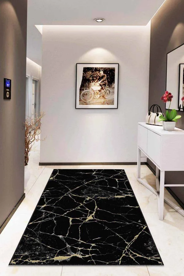 Mermer Desenli Salon Halısı Siyah Mermer Desenli Kaymaz Tabanlı Dekoratif Halı RV118