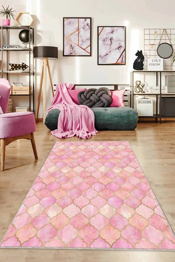 Pudra Rengi Koltuğa Uygun Halı Pembe Fas Desen Kaymaz Taban Makinede Yıkanabilir Halı RV159