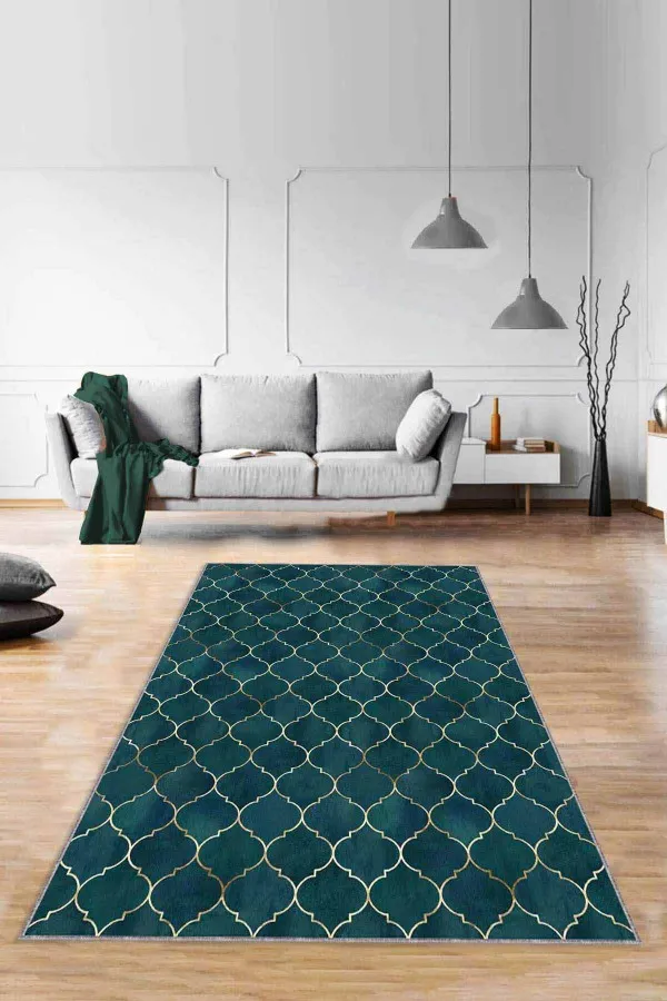 Hol Yolluk Zümrüt Fas Desen Kaymaz Tabanlı Dekoratif Halı RV160