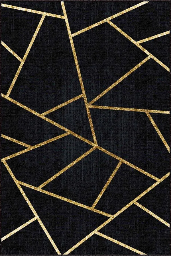Siyah Gold Geometrik Kaymaz Tabanlı Dekoratif Halı RV161
