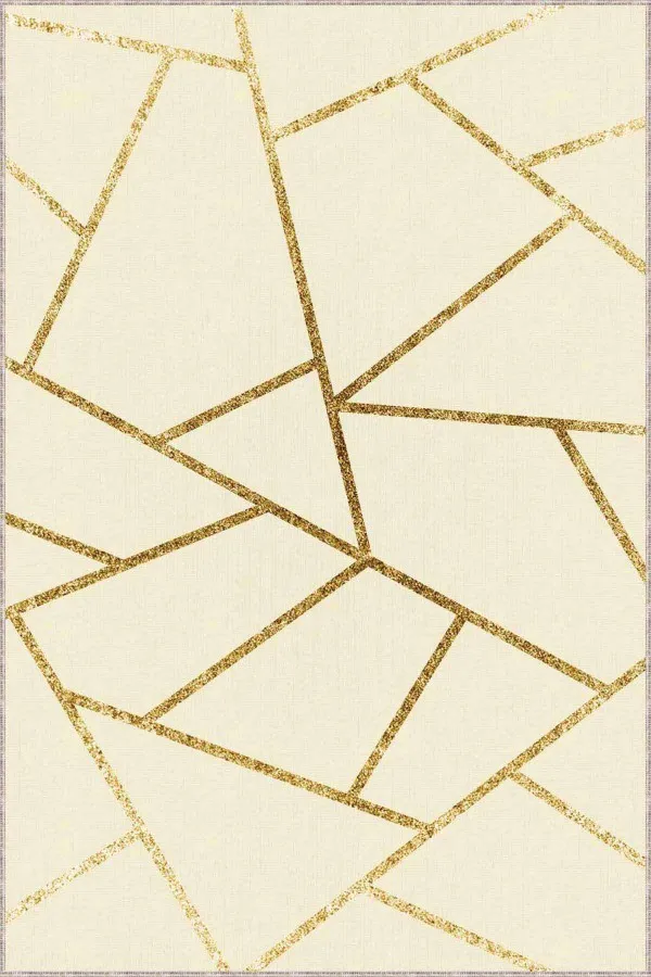 Açık Renk Salon Halısı Krem Gold Geometrik Kaymaz Tabanlı Dekoratif Halı RV162