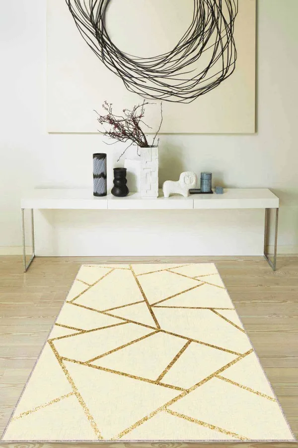 Açık Renk Salon Halısı Krem Gold Geometrik Kaymaz Tabanlı Dekoratif Halı RV162