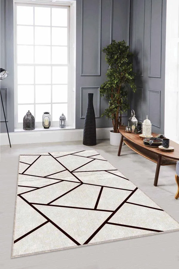 Bej Rengi Koltuğa Uygun Halı Bej Geometrik Kaymaz Tabanlı Makinede Yıkanabilir Halı RV164