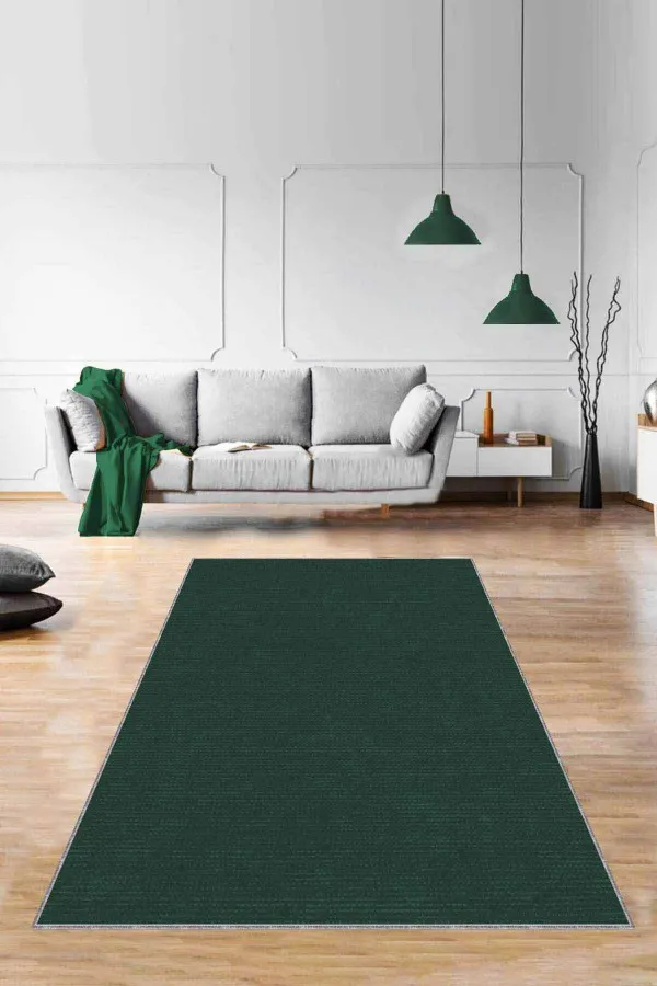 Yeşil Tonlarında Halı Modelleri Yeşil Sade Desensiz Kaymaz Tabanlı Dekoratif Halı RV202