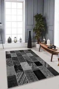 Gri Patchwork Kaymaz Tabanlı Makinede Yıkanabilir Halı RV222