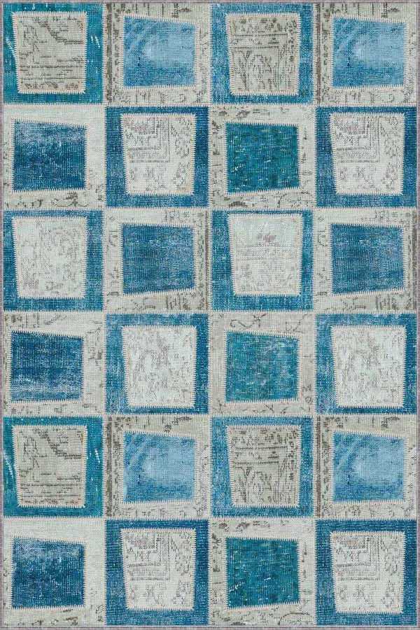 Patchwork Yolluk Modelleri Turkuaz Patchwork Kaymaz Tabanlı Dekoratif Halı RV224