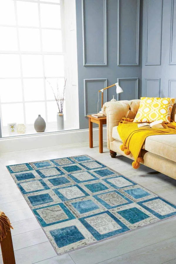 Patchwork Yolluk Modelleri Turkuaz Patchwork Kaymaz Tabanlı Dekoratif Halı RV224