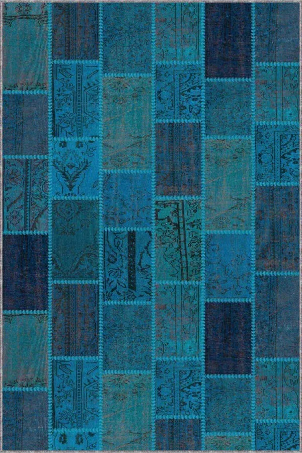Patchwork Yolluk Modelleri Turkuaz Patchwork Kaymaz Tabanlı Dekoratif Halı RV225
