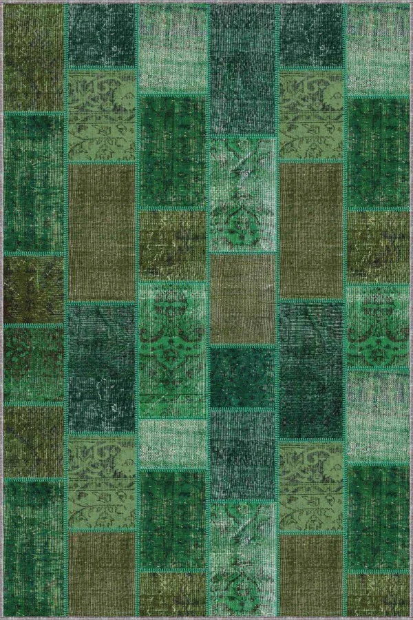 Patchwork Yolluk Modelleri Yeşil Patchwork Kaymaz Taban Makinede Yıkanabilir Halı RV226