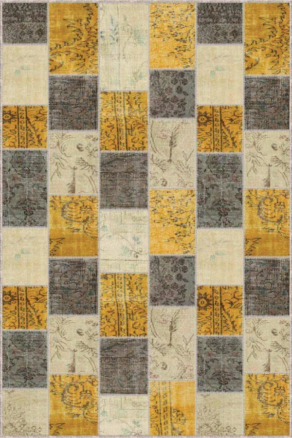 Patchwork Yolluk Modelleri Sarı Patchwork Kaymaz Taban Makinede Yıkanabilir Halı RV227