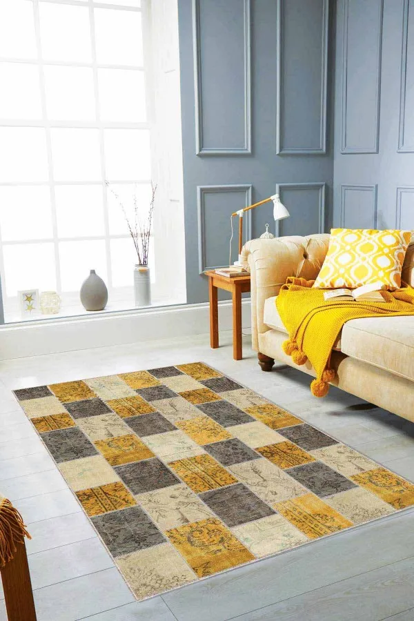 Patchwork Yolluk Modelleri Sarı Patchwork Kaymaz Taban Makinede Yıkanabilir Halı RV227