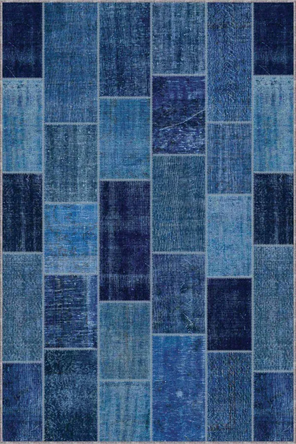 Patchwork Yolluk Modelleri Mavi Patchwork Kaymaz Taban Makinede Yıkanabilir Halı RV228