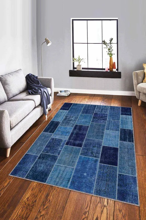 Patchwork Yolluk Modelleri Mavi Patchwork Kaymaz Taban Makinede Yıkanabilir Halı RV228