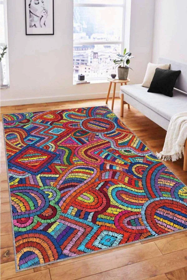 Renkli Salon Halıları Çok Renkli Colorful Kaymaz Tabanlı Dekoratif Halı RV251