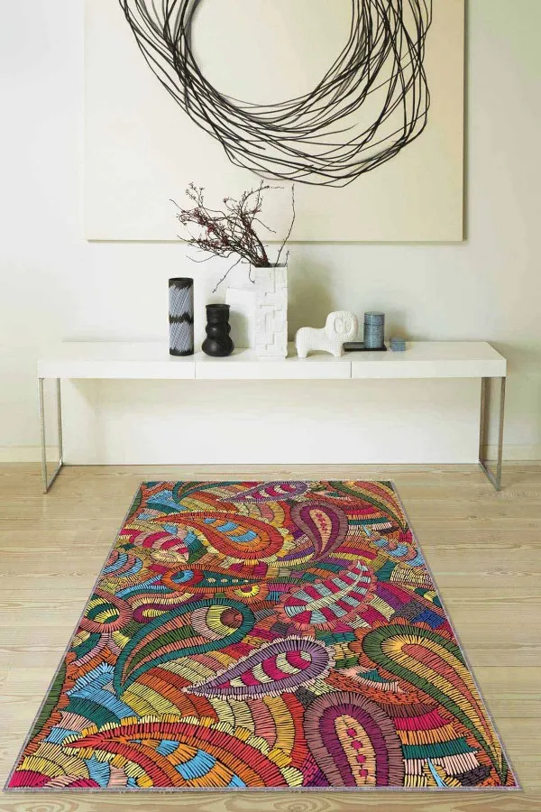 Renkli Salon Halıları Çok Renkli Colorful Kaymaz Tabanlı Dekoratif Halı RV253