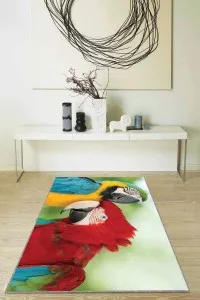 Çok Renkli Papağan Desenli Kaymaz Taban Dekoratif Halı RV323 Çok Renkli Papağan Desenli Kaymaz Taban Dekoratif Halı RV323