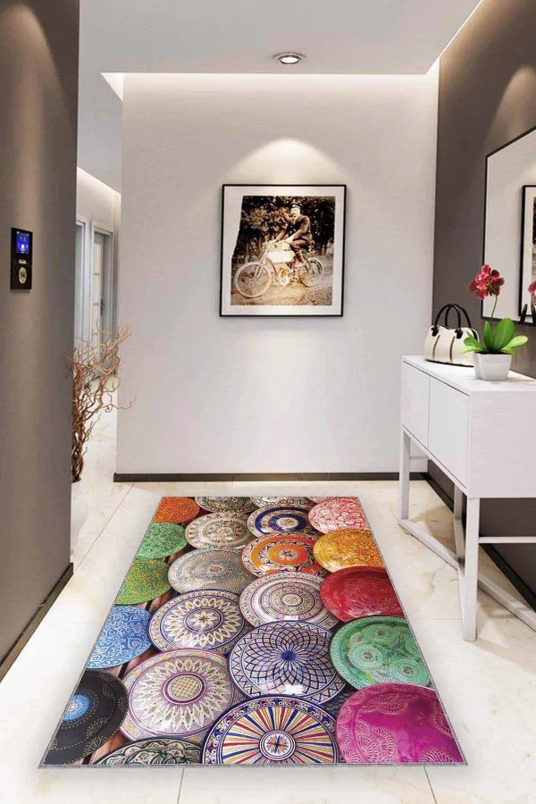 Renkli Salon Halıları Çok Renkli Çini Desen Kaymaz Tabanlı Dekoratif Halı RV341