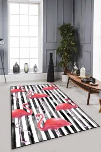 Pembe Flamingolu Kaymaz Tabanlı Dekoratif Halı RV347 Pembe Flamingolu Kaymaz Tabanlı Dekoratif Halı RV347