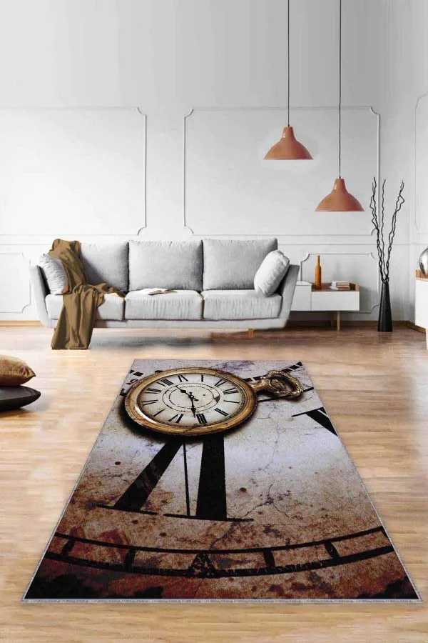 Üç Boyutlu Salon Halıları Bej Zaman Eski Saat 3D Kaymaz Tabanlı Dekoratif Halı RV360