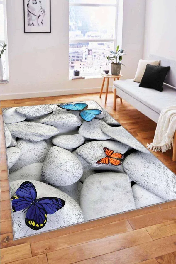 Açık Renk Salon Halısı Kırk Beyaz Kelebek Desenli 3D Kaymaz Tabanlı Halı RV362