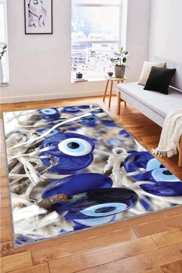 Üç Boyutlu Salon Halıları Lacivert Nazar Boncuğu Desenli 3D Kaymaz Tabanlı Halı RV363