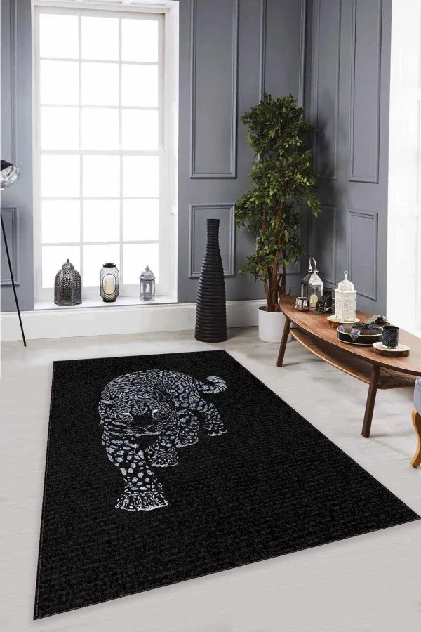 Gümüş Rengi Halı Modelleri Silver Leopar Kaymaz Tabanlı Makinede Yıkanabilir Halı RV366