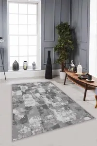 Gri Vintage Kaymaz Tabanlı Makinede Yıkanabilir Halı SU05