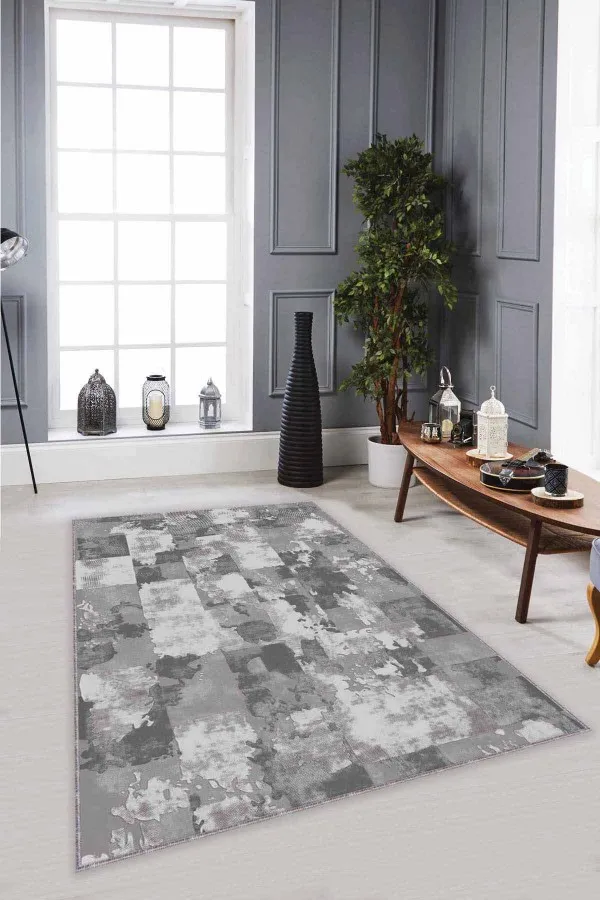 Gri Vintage Kaymaz Tabanlı Makinede Yıkanabilir Halı SU05