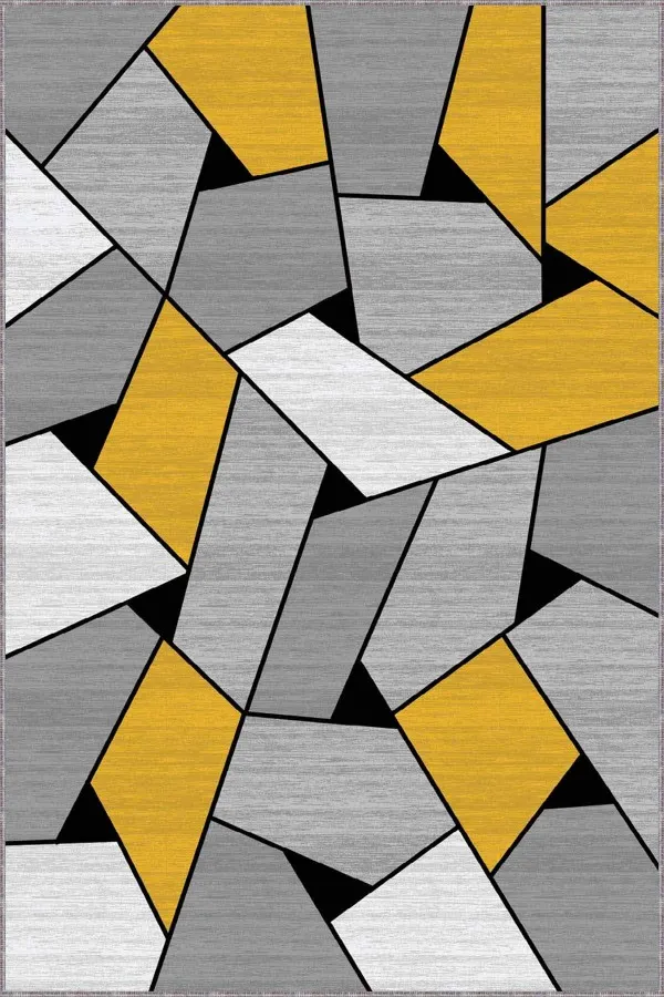Gri Sarı Halı Modelleri Sarı Geometrik Kaymaz Tabanlı Makinede Yıkanabilir Halı WL02