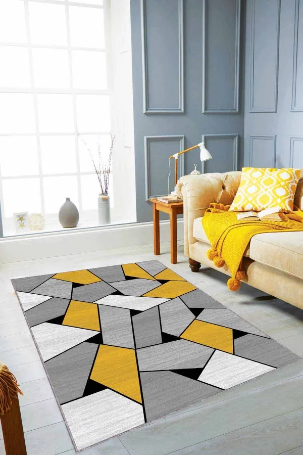 Gri Sarı Halı Modelleri Sarı Geometrik Kaymaz Tabanlı Makinede Yıkanabilir Halı WL02