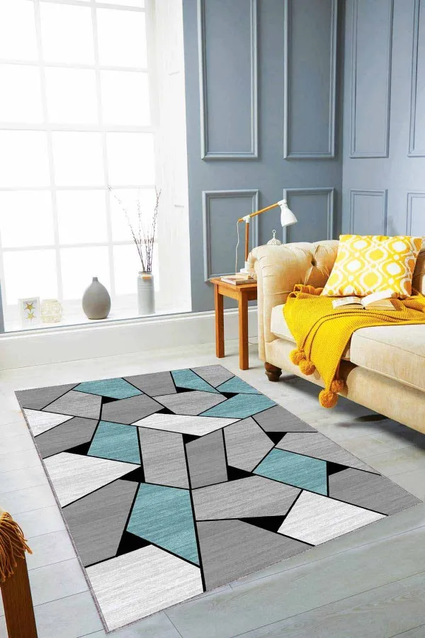 Turkuaz Koltuğa Uygun Halı Rengi Turkuaz Geometrik Kaymaz Tabanlı Dekoratif Halı WL03