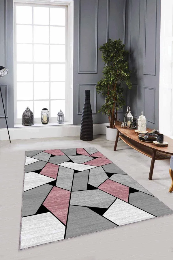 Pudra Rengi Koltuğa Uygun Halı Pembe Geometrik Kaymaz Taban Makinede Yıkanabilir Halı WL04