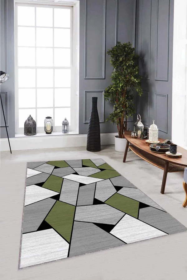 Siyah Yeşil Halı Yeşil Geometrik Kaymaz Taban Makinede Yıkanabilir Halı WL05