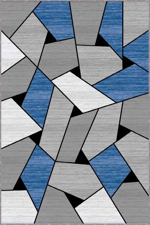 Mavi Soft Halı Mavi Geometrik Kaymaz Tabanlı Makinede Yıkanabilir Halı WL07